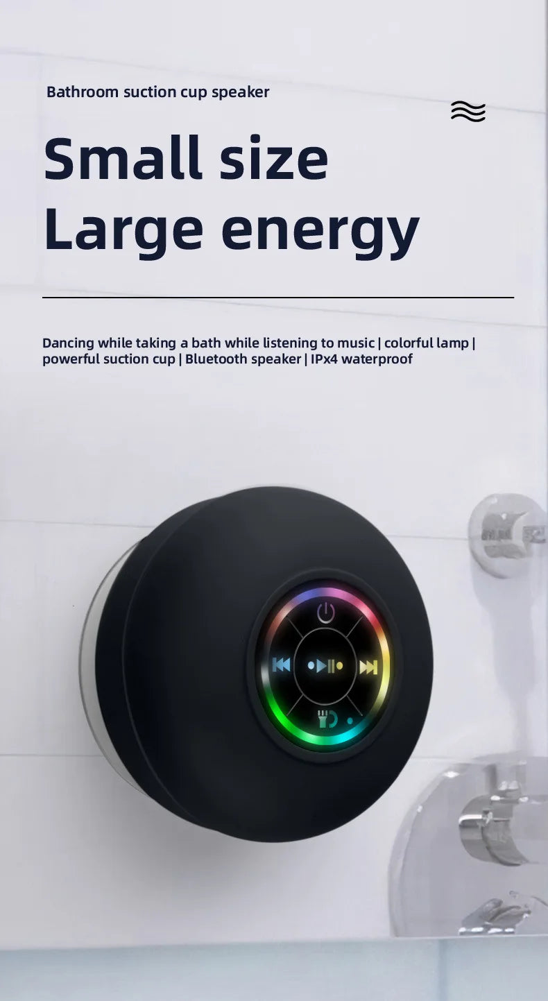 Portable Waterproof Mini Bluetooth Shower Speaker with Suction Cup and LED Lights 3D Surround Stereo Subwoofer Bathroom Audio
