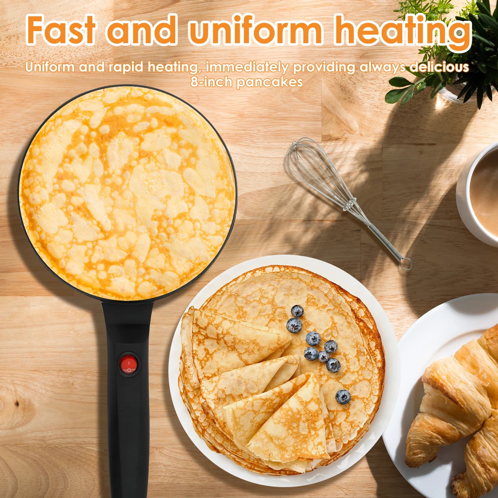 200V 600W Electric Crepe Maker Non-stick Pancake Cooking Machine Electric Baking Pan Kitchen Utensils with Egg Whisk Batter Bowl