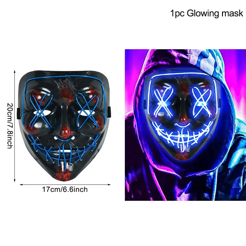 LED Halloween Mask Luminous Glow in The Dark Mascaras Halloween Party Costume Cosplay Masques Light Horror Props Neon Masquerade