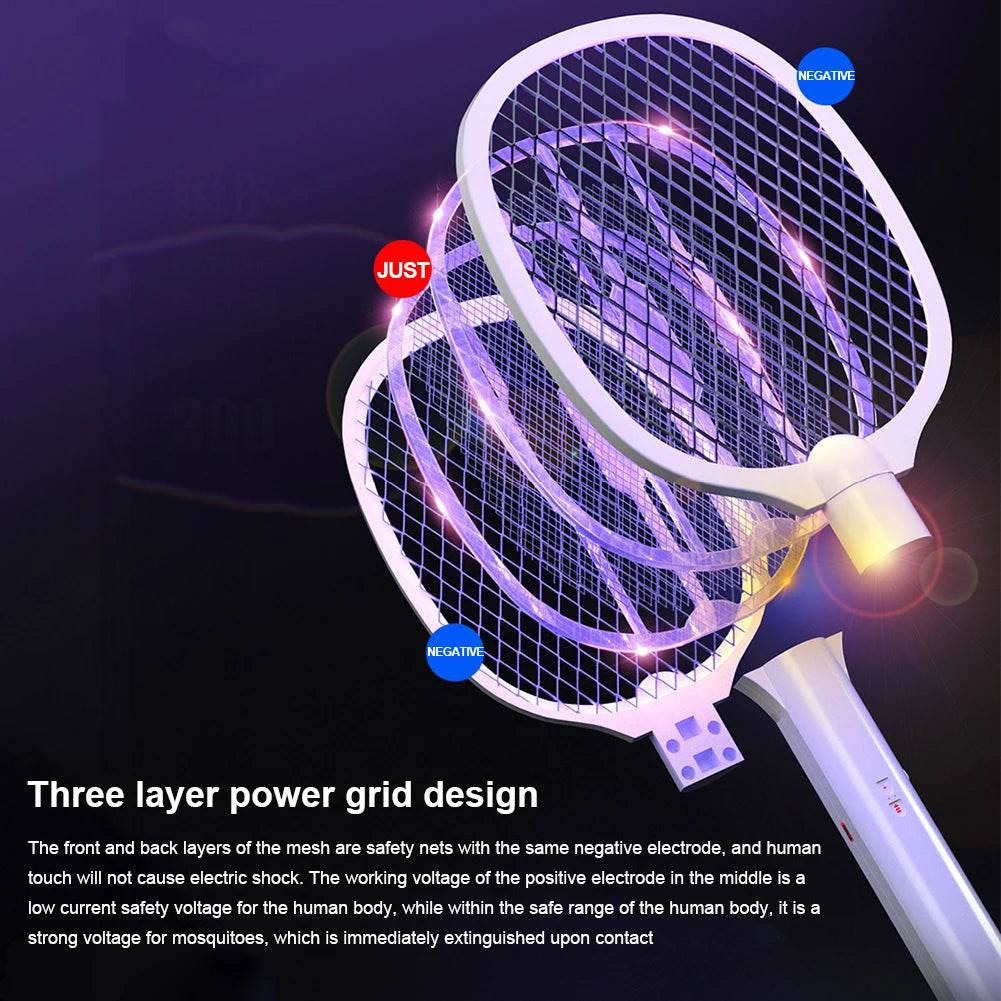 Electric Fly Insect Bug Zapper 2 in 1 Racket Mosquito Killer Fly Swatter Trap USB Rechargeable for Home 3000V UV Light Bug