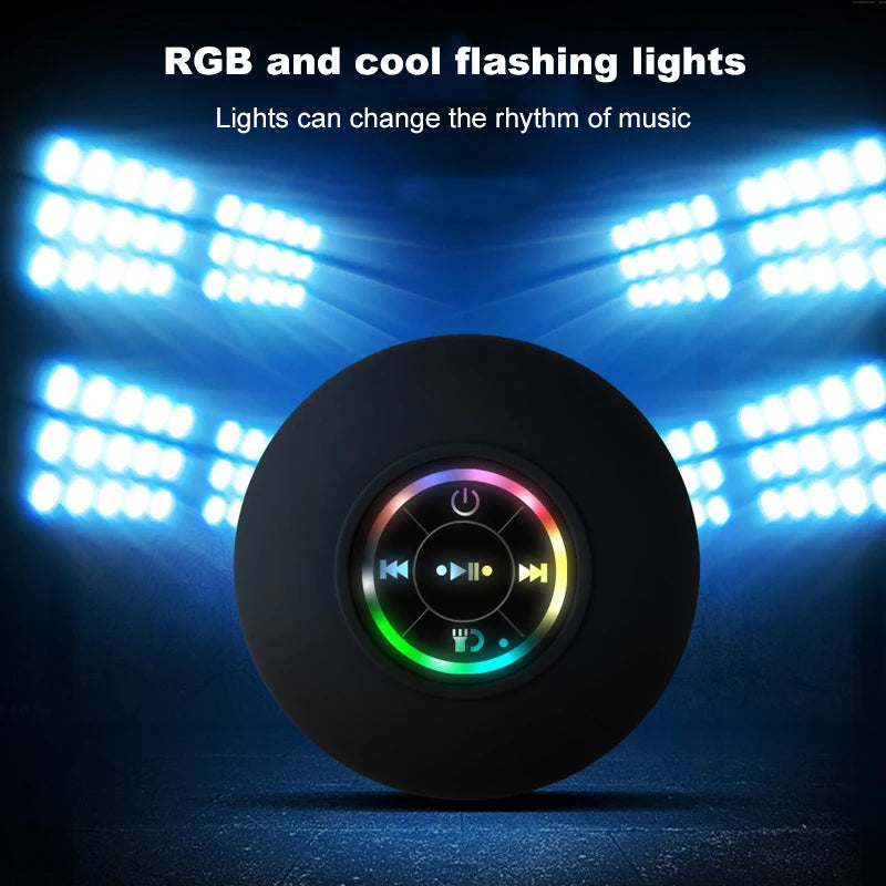 Portable Waterproof Mini Bluetooth Shower Speaker with Suction Cup and LED Lights 3D Surround Stereo Subwoofer Bathroom Audio