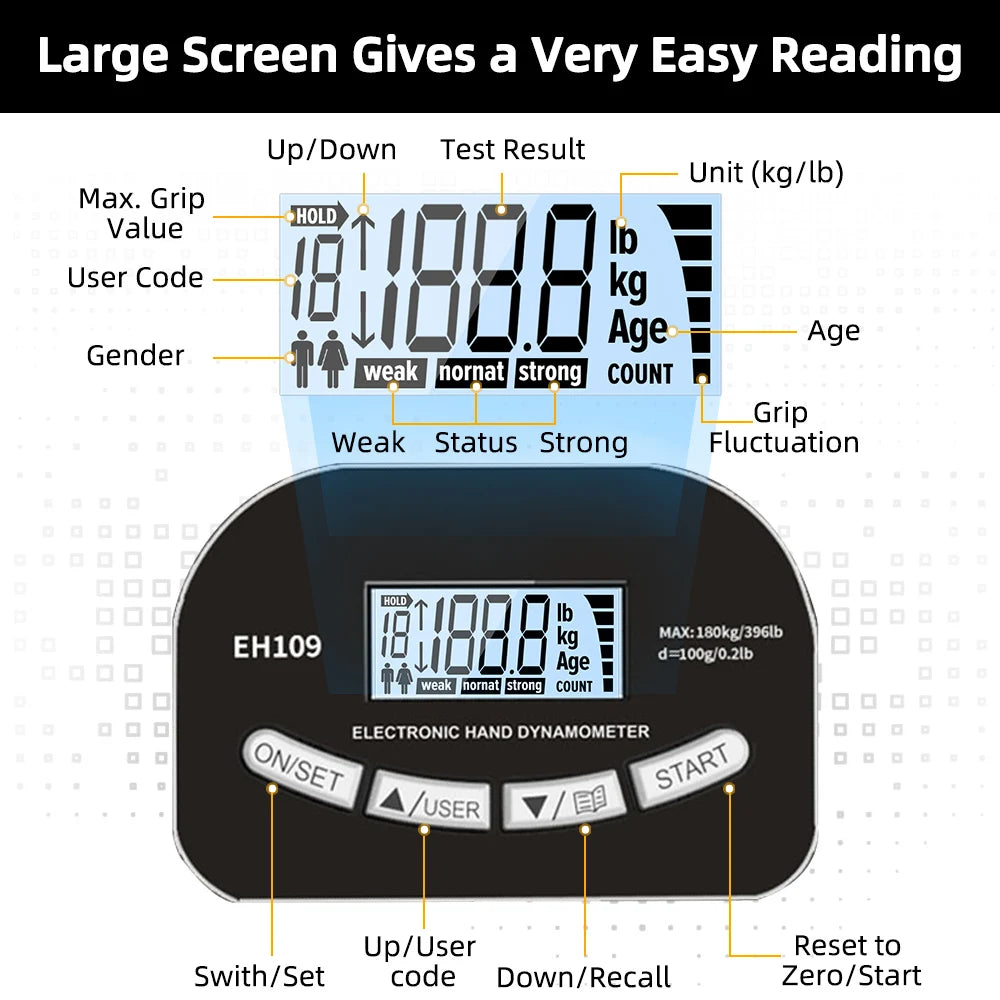 Grip Strength Tester 265Lbs/120Kg Digital Hand Dynamometer Grip Strength Meter USB LCD Screen Hand Grip Dynamometer