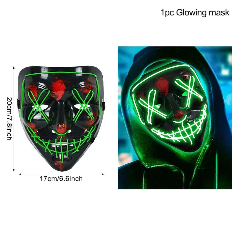 LED Halloween Mask Luminous Glow in The Dark Mascaras Halloween Party Costume Cosplay Masques Light Horror Props Neon Masquerade