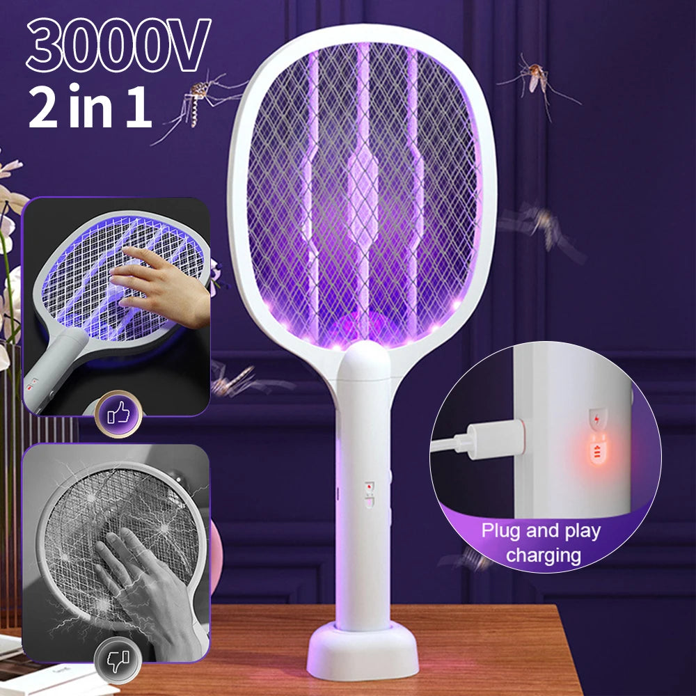 Electric Fly Insect Bug Zapper 2 in 1 Racket Mosquito Killer Fly Swatter Trap USB Rechargeable for Home 3000V UV Light Bug