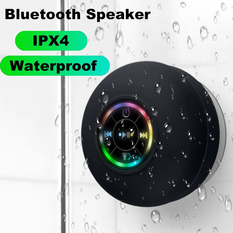Portable Waterproof Mini Bluetooth Shower Speaker with Suction Cup and LED Lights 3D Surround Stereo Subwoofer Bathroom Audio
