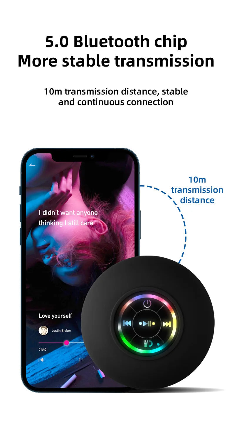 Portable Waterproof Mini Bluetooth Shower Speaker with Suction Cup and LED Lights 3D Surround Stereo Subwoofer Bathroom Audio