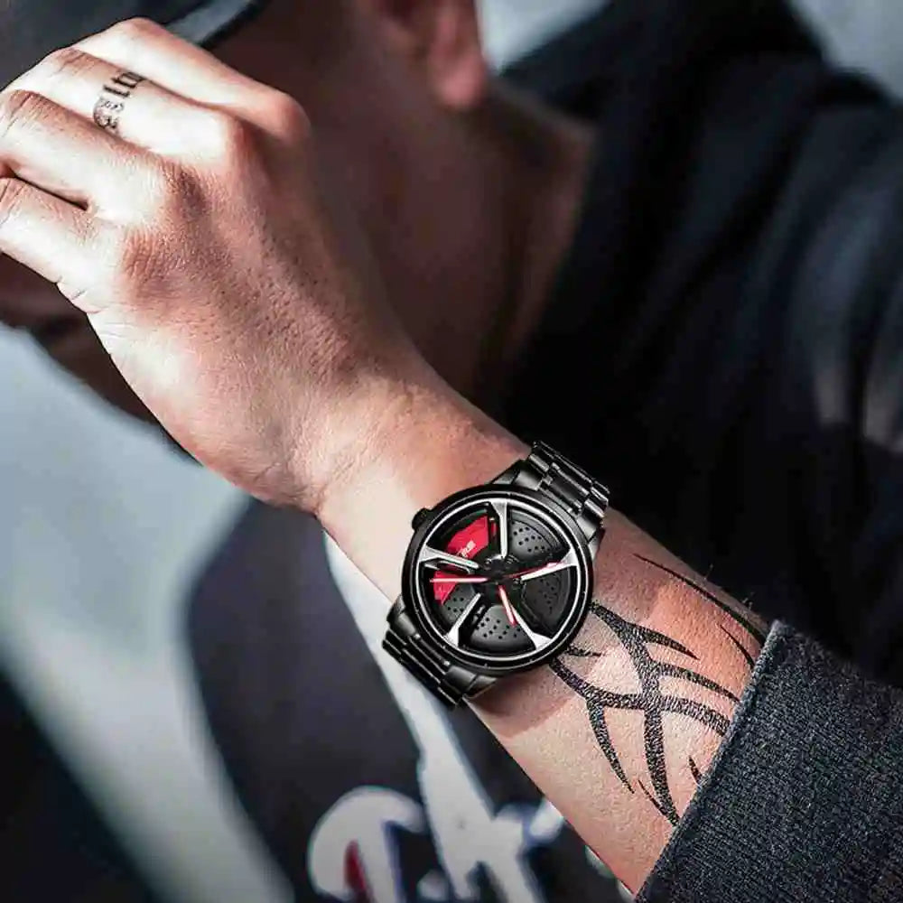 Sports 3D Spinning Mens Watches Car Rim Hub Wheel Watches Waterproof Quartz Car Wristwatch Watch Unique Design Relogio Masculino
