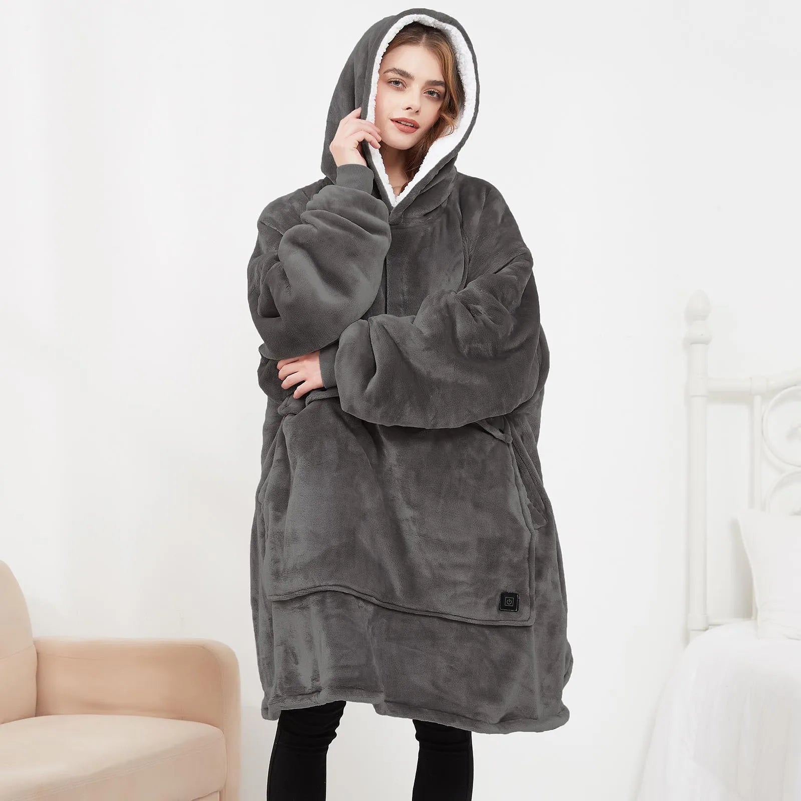 Oversized Wearable Blanket Hoodie with Sleeves Pocket Sherpa Fleece Blanket Sweatshirt Warm Thick Plush Heating Hooded Blankets