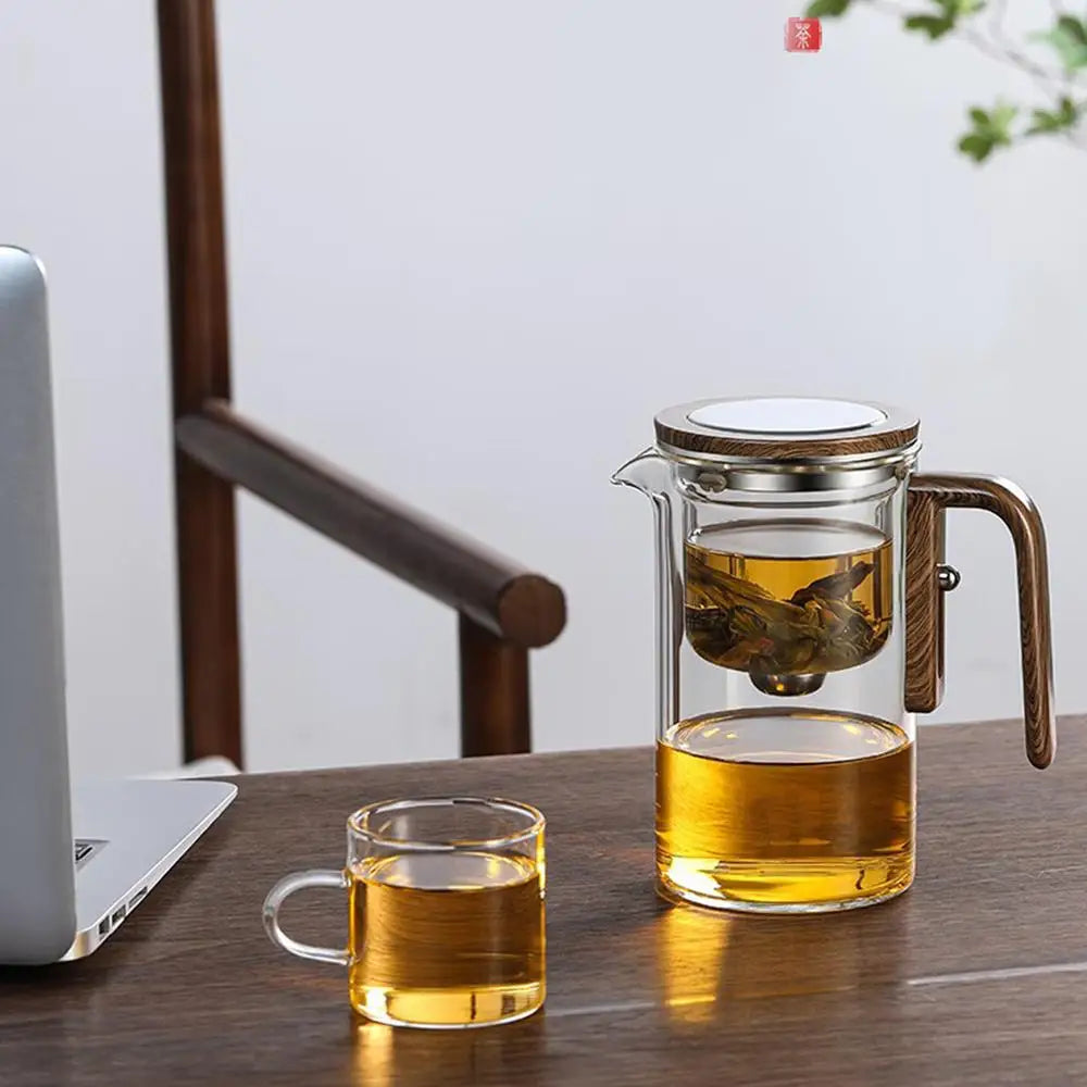 Heat Resistant Glass Tea Pot Loose Tea Wooden Handle Teapot with Infuser Spout Tea Maker Kettle for Tea Room Restaurant Home