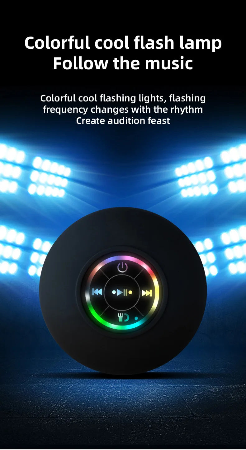 Portable Waterproof Mini Bluetooth Shower Speaker with Suction Cup and LED Lights 3D Surround Stereo Subwoofer Bathroom Audio