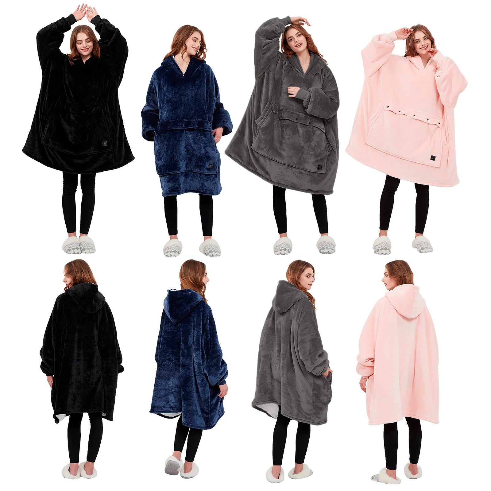 Oversized Wearable Blanket Hoodie with Sleeves Pocket Sherpa Fleece Blanket Sweatshirt Warm Thick Plush Heating Hooded Blankets
