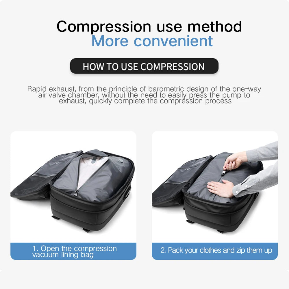 3Pcs Travel Vacuum Compression Backpack 17 inch Laptop Business Backpack Large Capacity Expanded Backpack With Anti-theft Lock