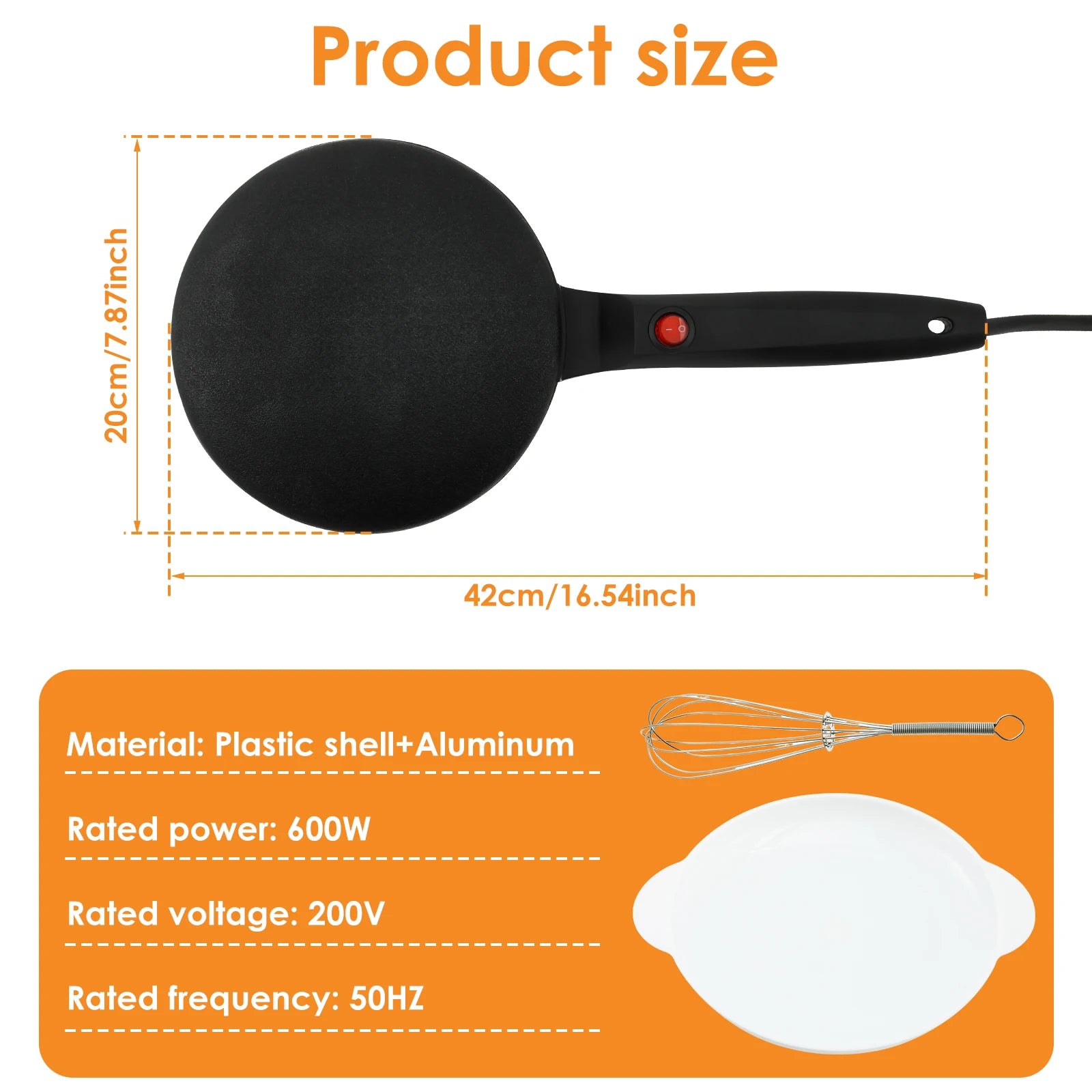 200V 600W Electric Crepe Maker Non-stick Pancake Cooking Machine Electric Baking Pan Kitchen Utensils with Egg Whisk Batter Bowl