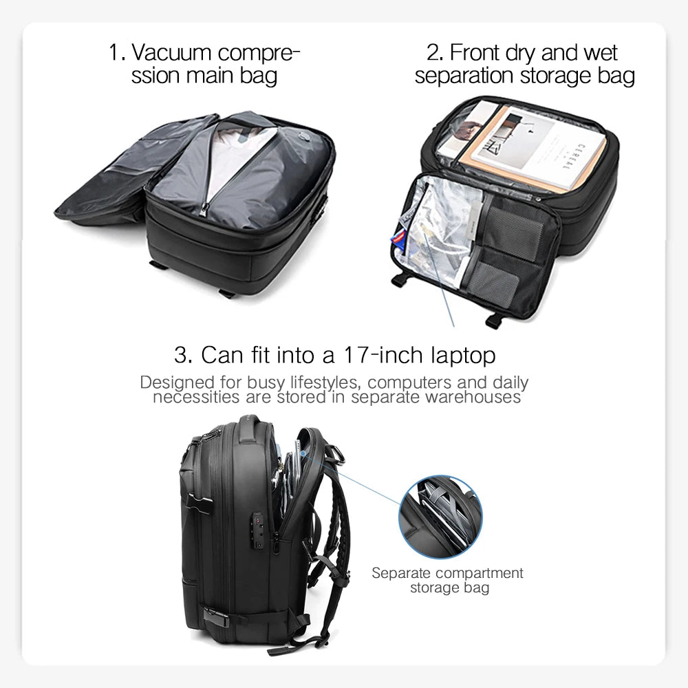 3Pcs Travel Vacuum Compression Backpack 17 inch Laptop Business Backpack Large Capacity Expanded Backpack With Anti-theft Lock