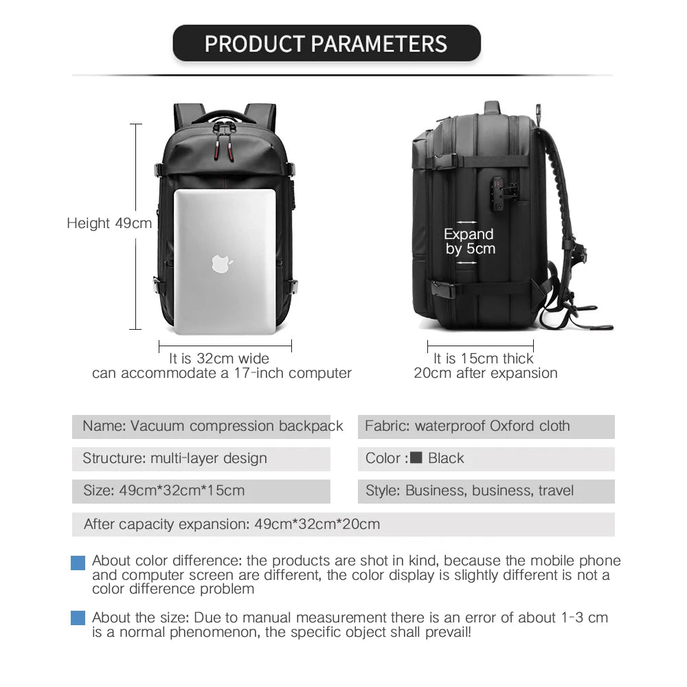 3Pcs Travel Vacuum Compression Backpack 17 inch Laptop Business Backpack Large Capacity Expanded Backpack With Anti-theft Lock