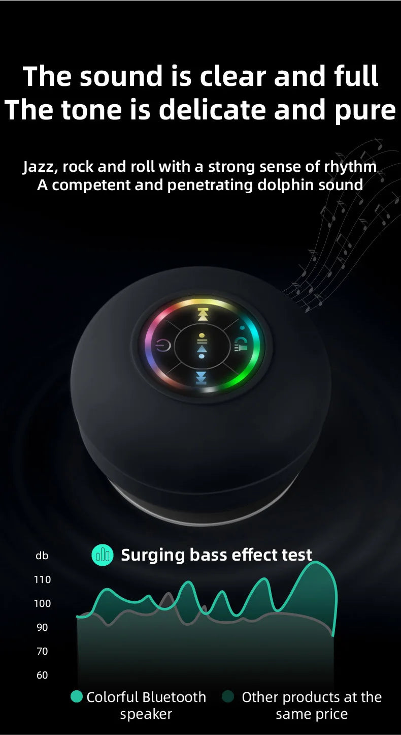 Portable Waterproof Mini Bluetooth Shower Speaker with Suction Cup and LED Lights 3D Surround Stereo Subwoofer Bathroom Audio