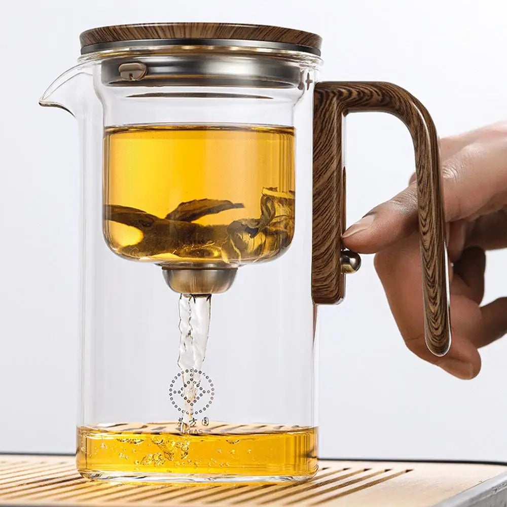 Heat Resistant Glass Tea Pot Loose Tea Wooden Handle Teapot with Infuser Spout Tea Maker Kettle for Tea Room Restaurant Home