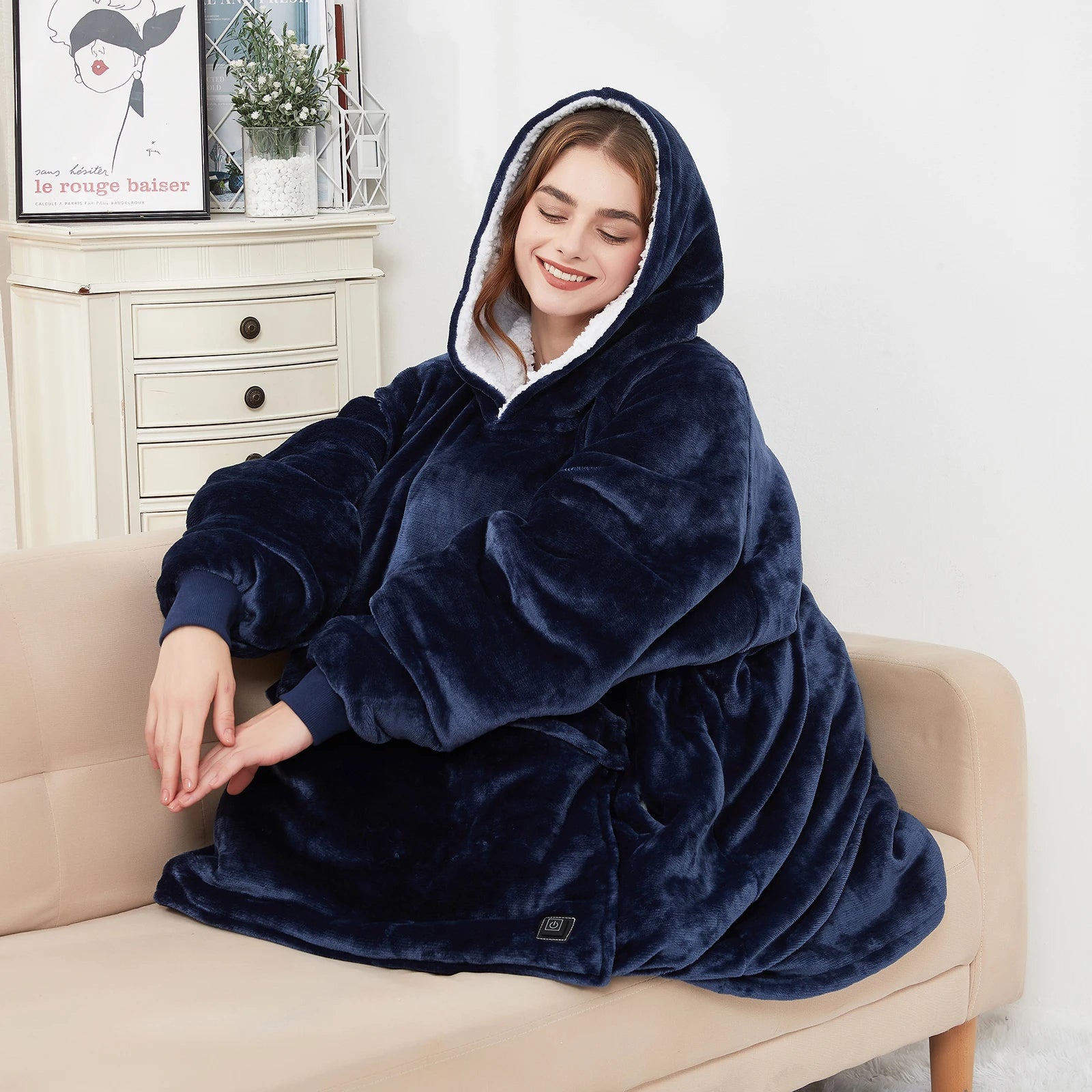 Oversized Wearable Blanket Hoodie with Sleeves Pocket Sherpa Fleece Blanket Sweatshirt Warm Thick Plush Heating Hooded Blankets