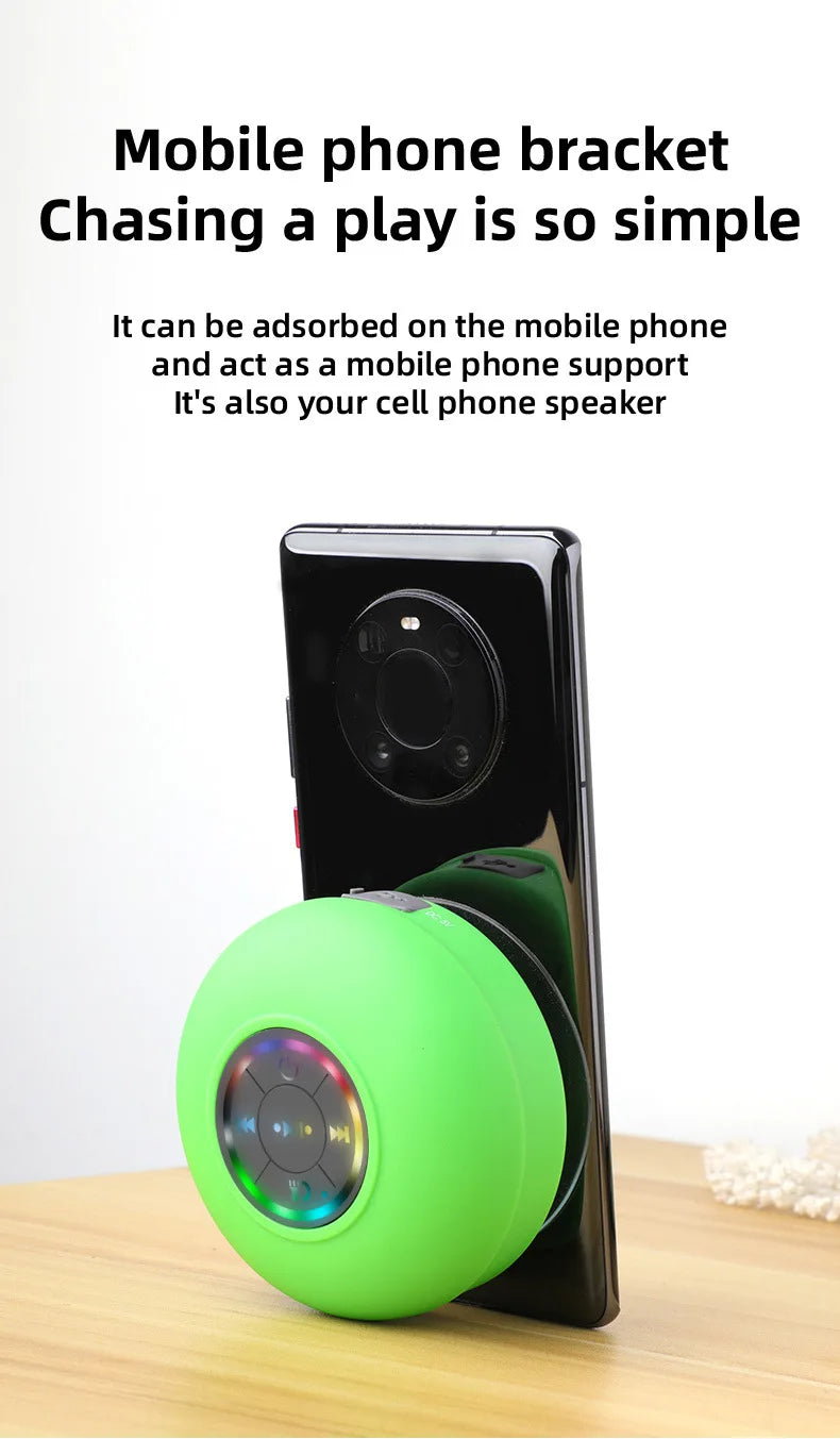 Portable Waterproof Mini Bluetooth Shower Speaker with Suction Cup and LED Lights 3D Surround Stereo Subwoofer Bathroom Audio