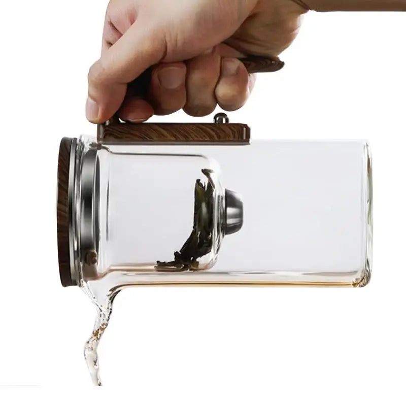 Heat Resistant Glass Tea Pot Loose Tea Wooden Handle Teapot with Infuser Spout Tea Maker Kettle for Tea Room Restaurant Home