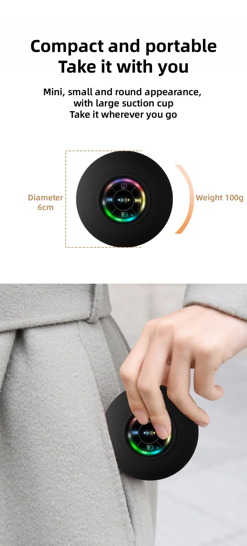 Portable Waterproof Mini Bluetooth Shower Speaker with Suction Cup and LED Lights 3D Surround Stereo Subwoofer Bathroom Audio