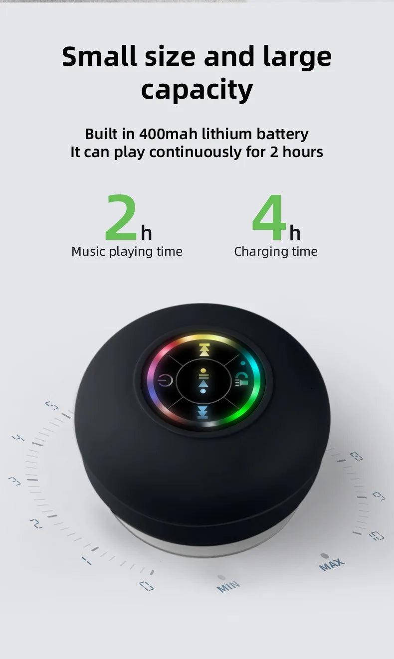 Portable Waterproof Mini Bluetooth Shower Speaker with Suction Cup and LED Lights 3D Surround Stereo Subwoofer Bathroom Audio