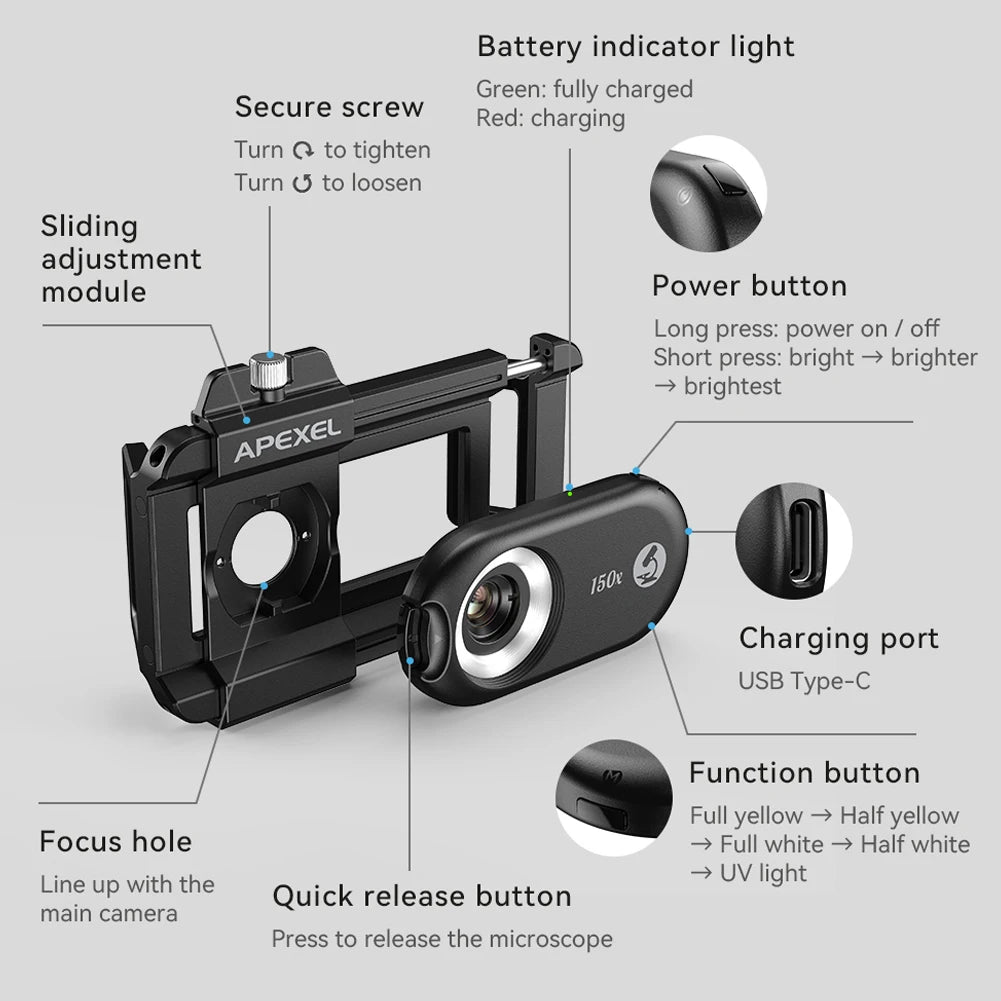 Digital 200X Microscope Lens mini Portable Lenses With LED Fill Lights CPL Filter Phone Adapter For iPhone Android Phones