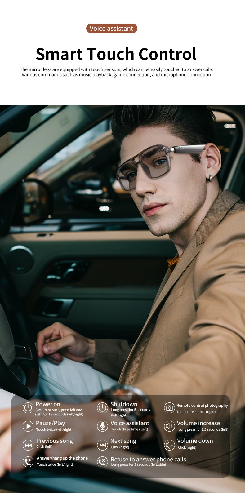 GS-10 Smart Audio Glasses Color-Changing Lenses Rechargeable Wireless Call Voice Assistant  and Music Control